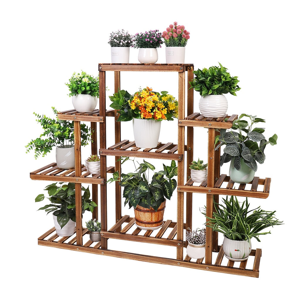 Indoor 9-tier wooden plant stand with sturdy build in pine finish, displaying assorted potted plants.