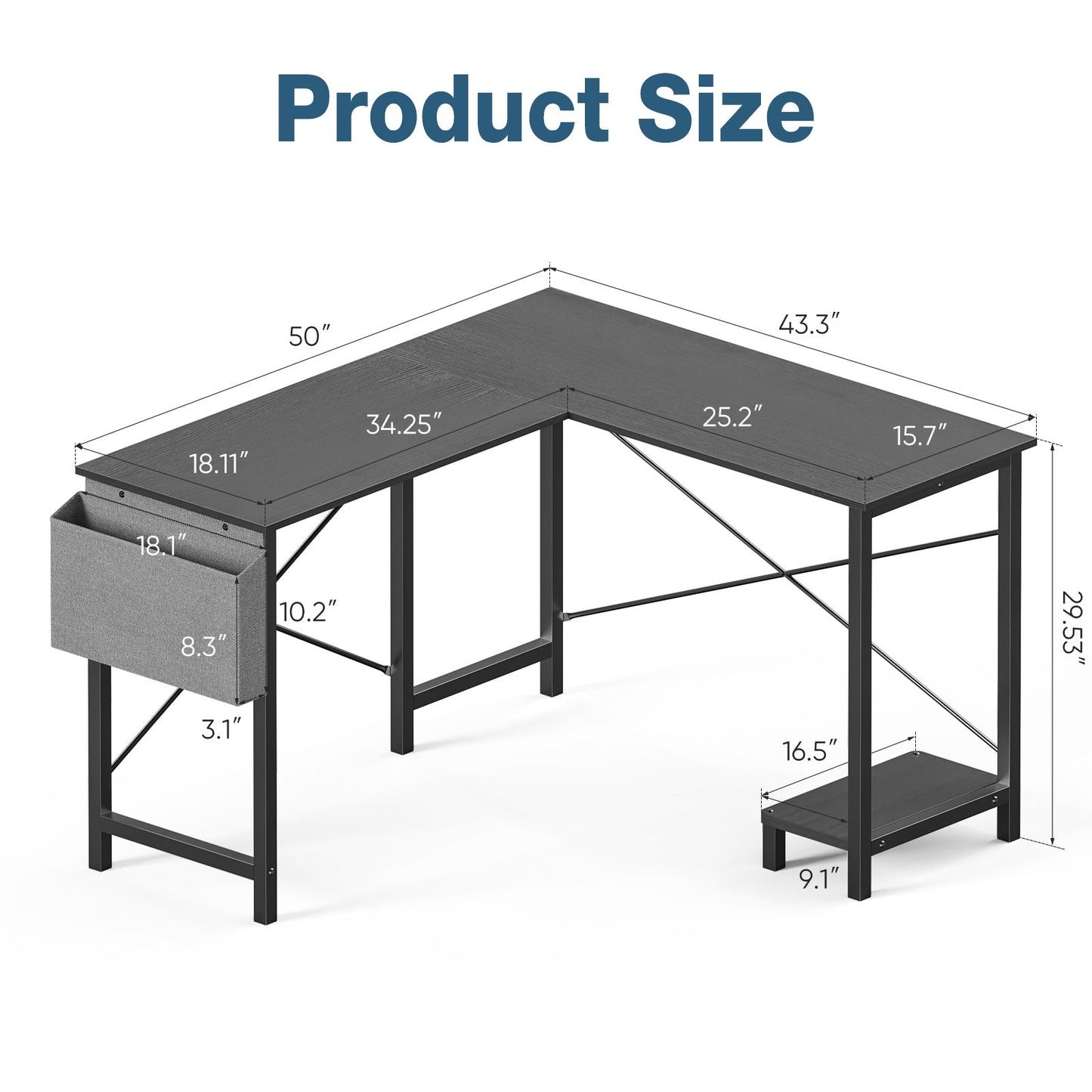 L-shaped desk with dimensions labeled on a white background