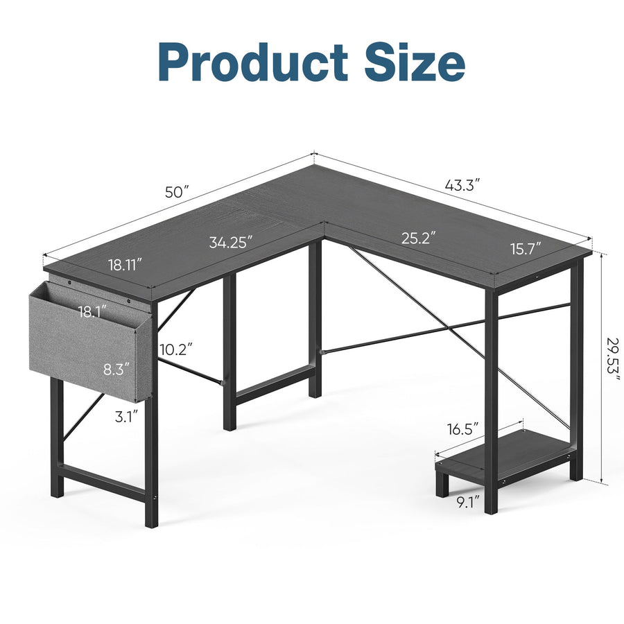 L-Shaped Desk with Storage, Reversible Corner Frame