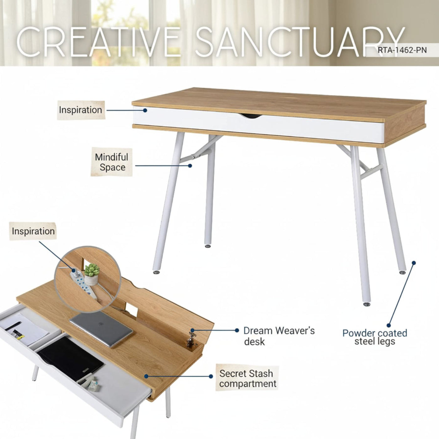 Laptop computer desk with pine wood finish, storage drawer, white steel legs, secret stash compartment.