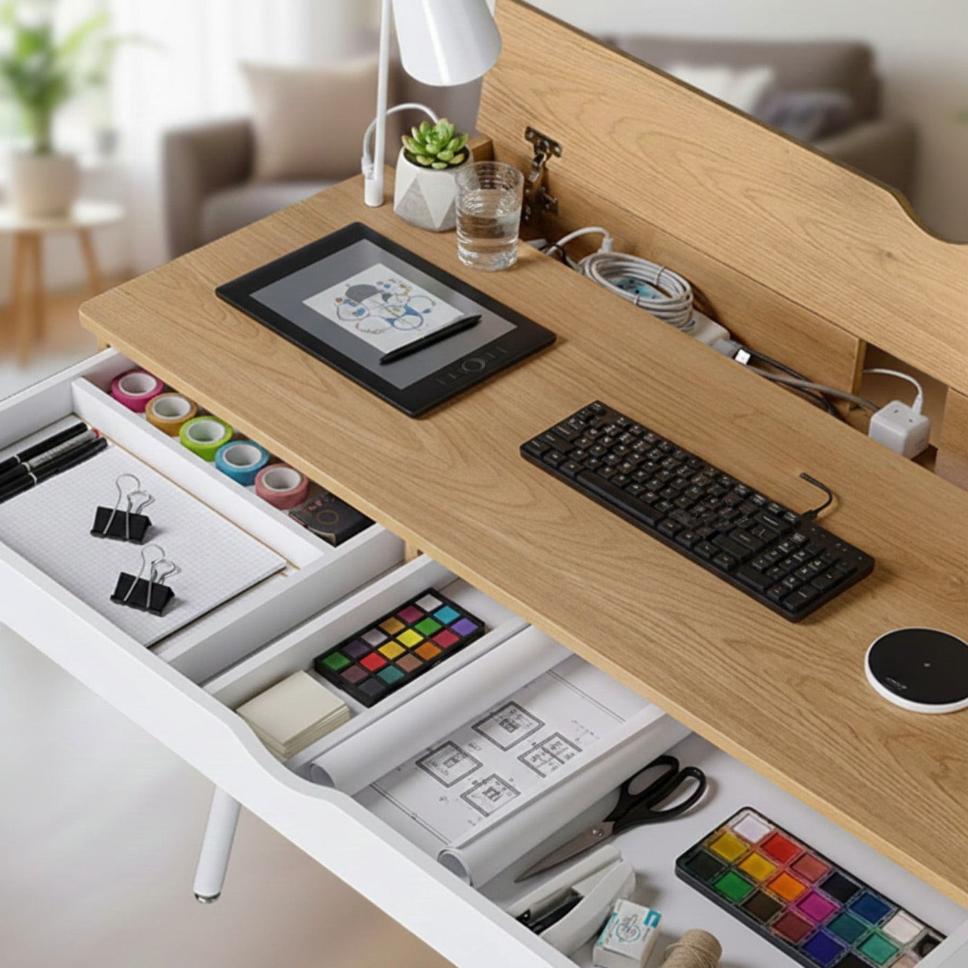 Laptop computer desk with storage drawer in pine wood finish and white steel legs.