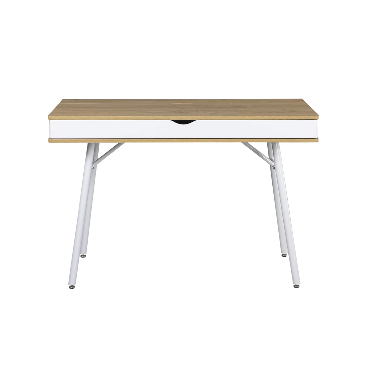 Laptop computer desk with storage drawer, pine wood finish and white steel legs.