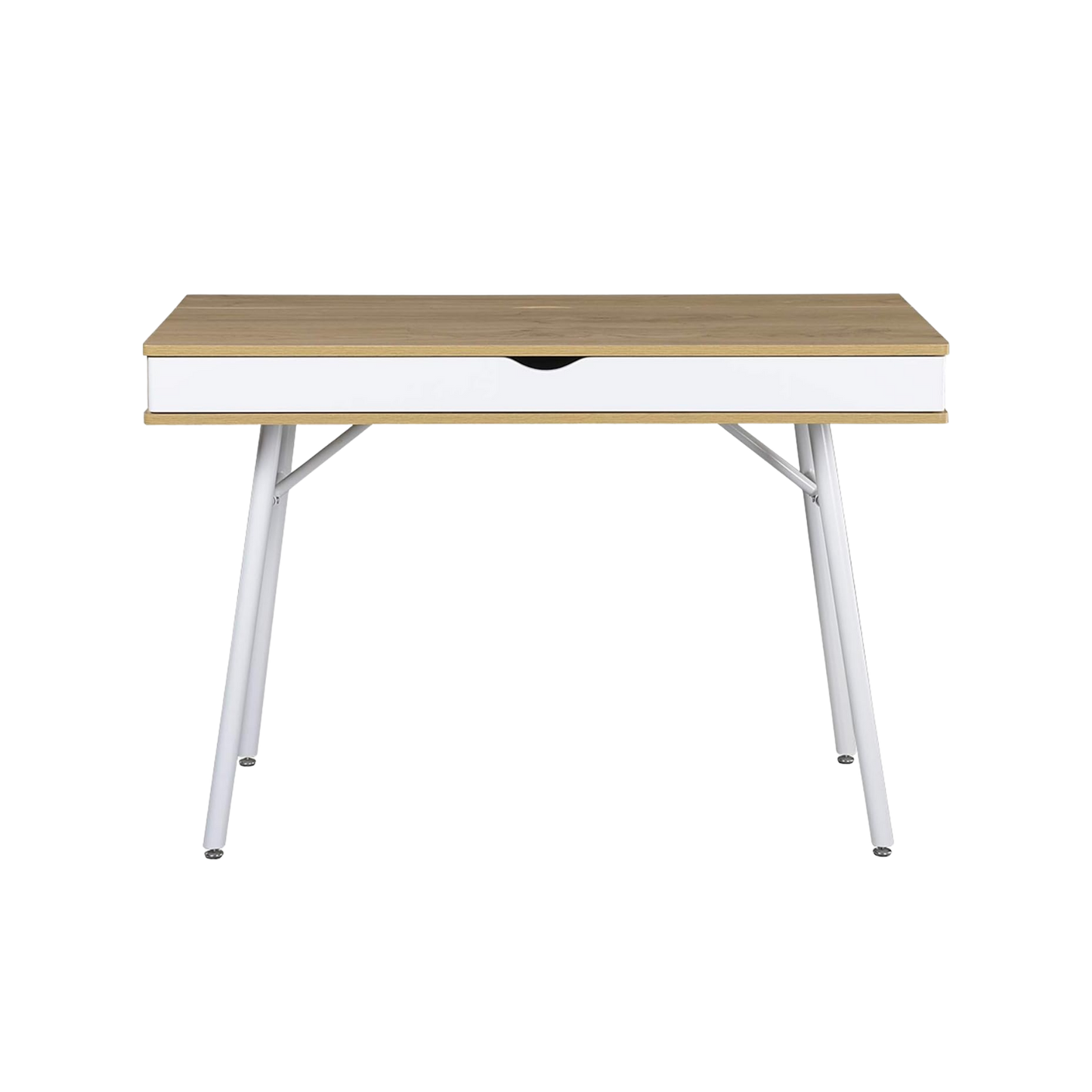 Laptop computer desk with storage drawer, pine wood finish and white steel legs.
