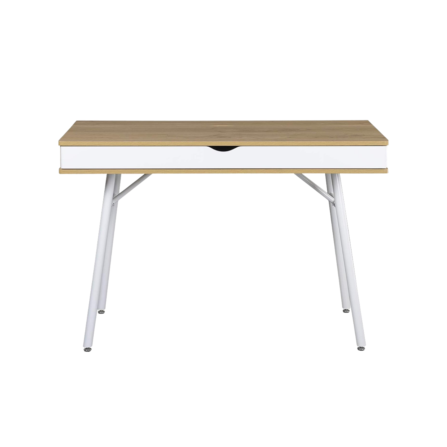 Laptop computer desk with storage drawer, pine wood finish and white steel legs.