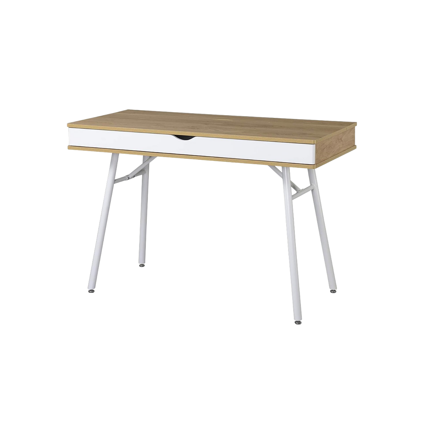 Laptop computer desk with storage drawer in pine wood finish and white metal legs
