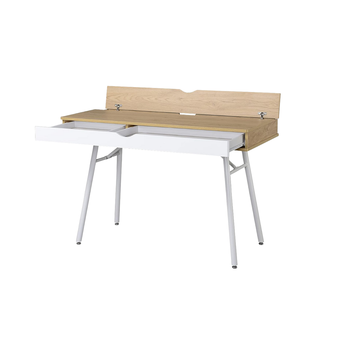 Laptop computer desk with storage drawer in pine wood finish and white steel legs, compact workstation for small spaces