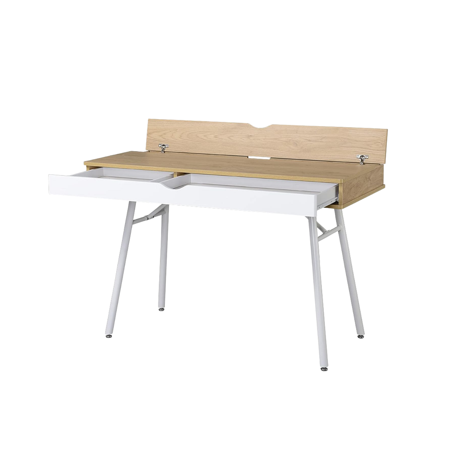 Laptop computer desk with storage drawer in pine wood finish and white steel legs, compact workstation for small spaces