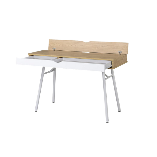 Laptop computer desk with storage drawer in pine wood finish and white steel legs, compact workstation for small spaces