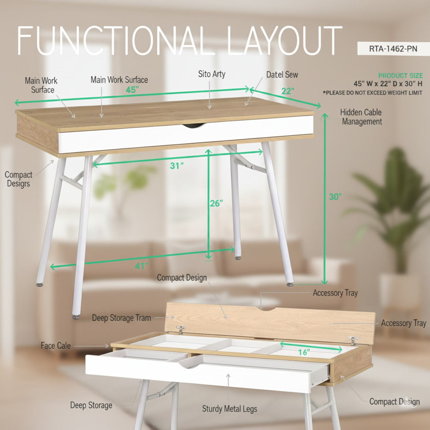 Laptop computer desk with storage drawer, pine wood finish, white steel legs, compact modern workstation.