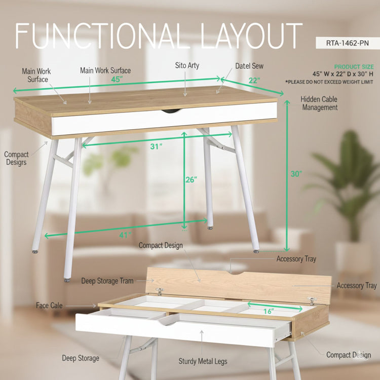 Laptop computer desk with storage drawer, pine wood finish, white steel legs, compact modern workstation.