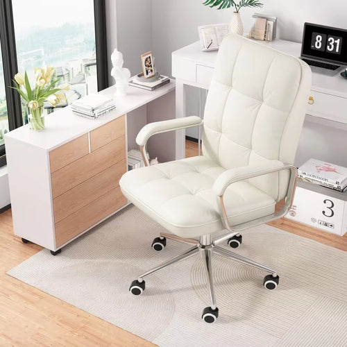 Leather Computer Desk Chair Swivel Ergonomic Office with sofa-like comfort, white PU leather and chrome base.