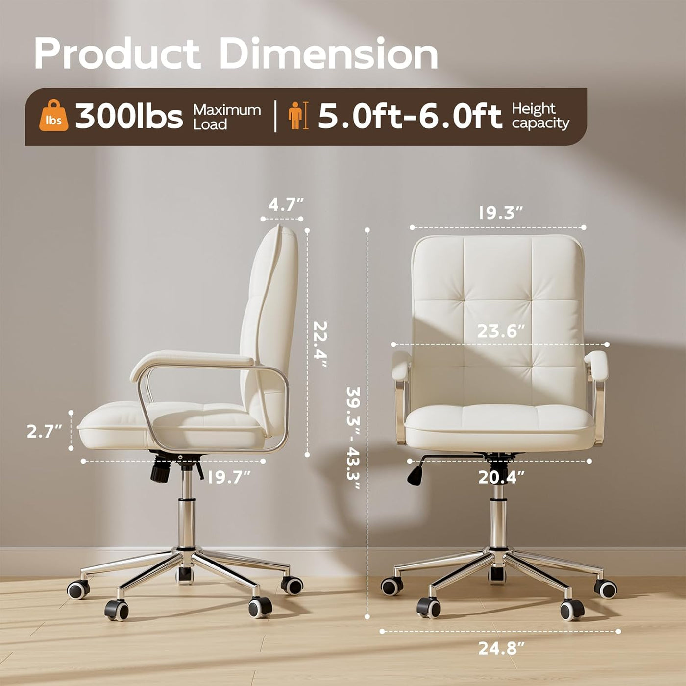 Leather computer desk chair, swivel ergonomic office chair with sofa-like comfort on a chrome base with wheels.