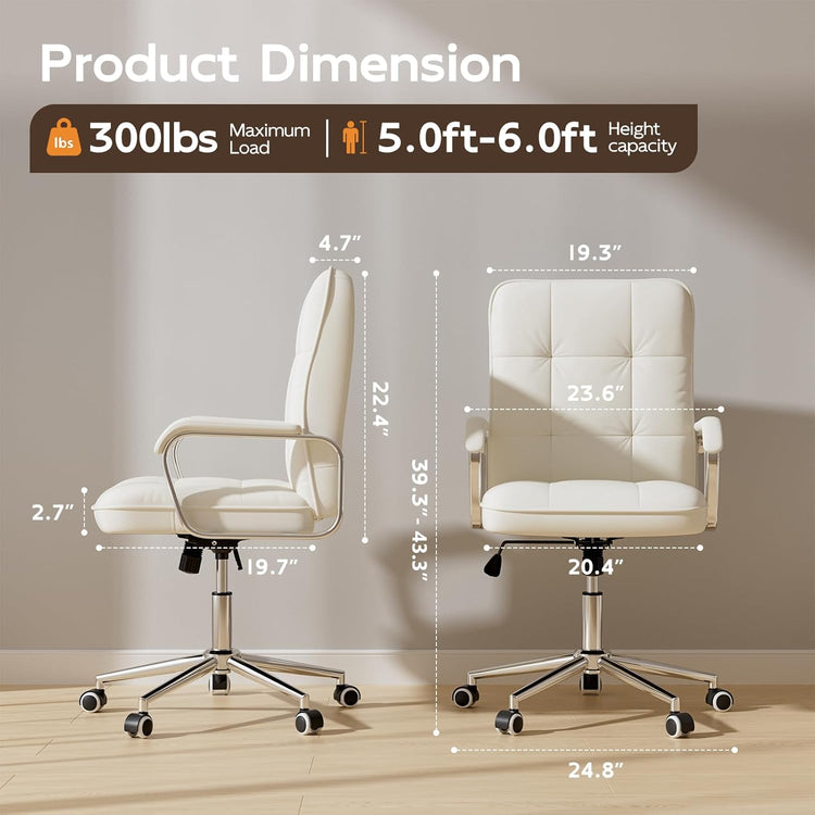 Leather computer desk chair, swivel ergonomic office chair with sofa-like comfort on a chrome base with wheels.