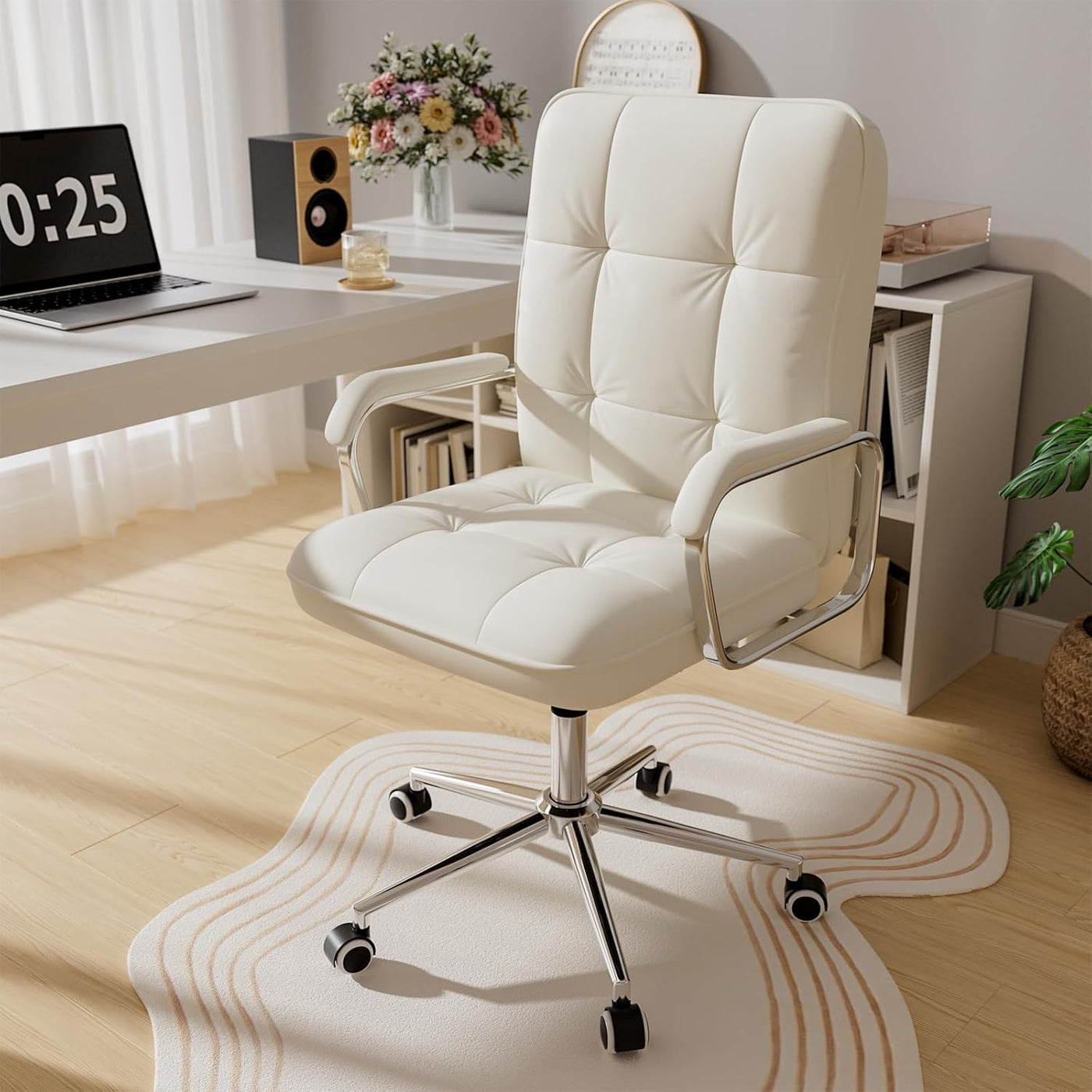 Leather computer desk chair; swivel ergonomic office chair with tufted PU leather, chrome base, sofa-like comfort.