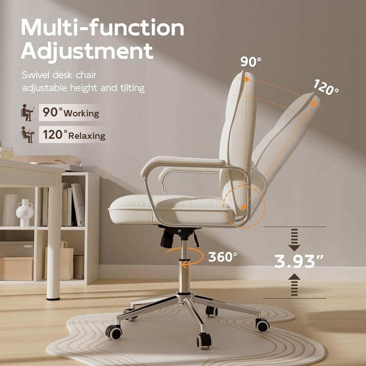 Leather computer desk chair with premium PU leather, high-density foam, sofa-like comfort, 360° swivel.