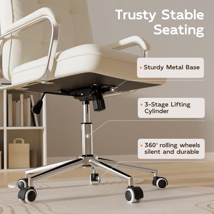 Leather computer desk chair with swivel base, 360° wheels, 3-stage lift, PU leather and foam for sofa-like (feature callout)