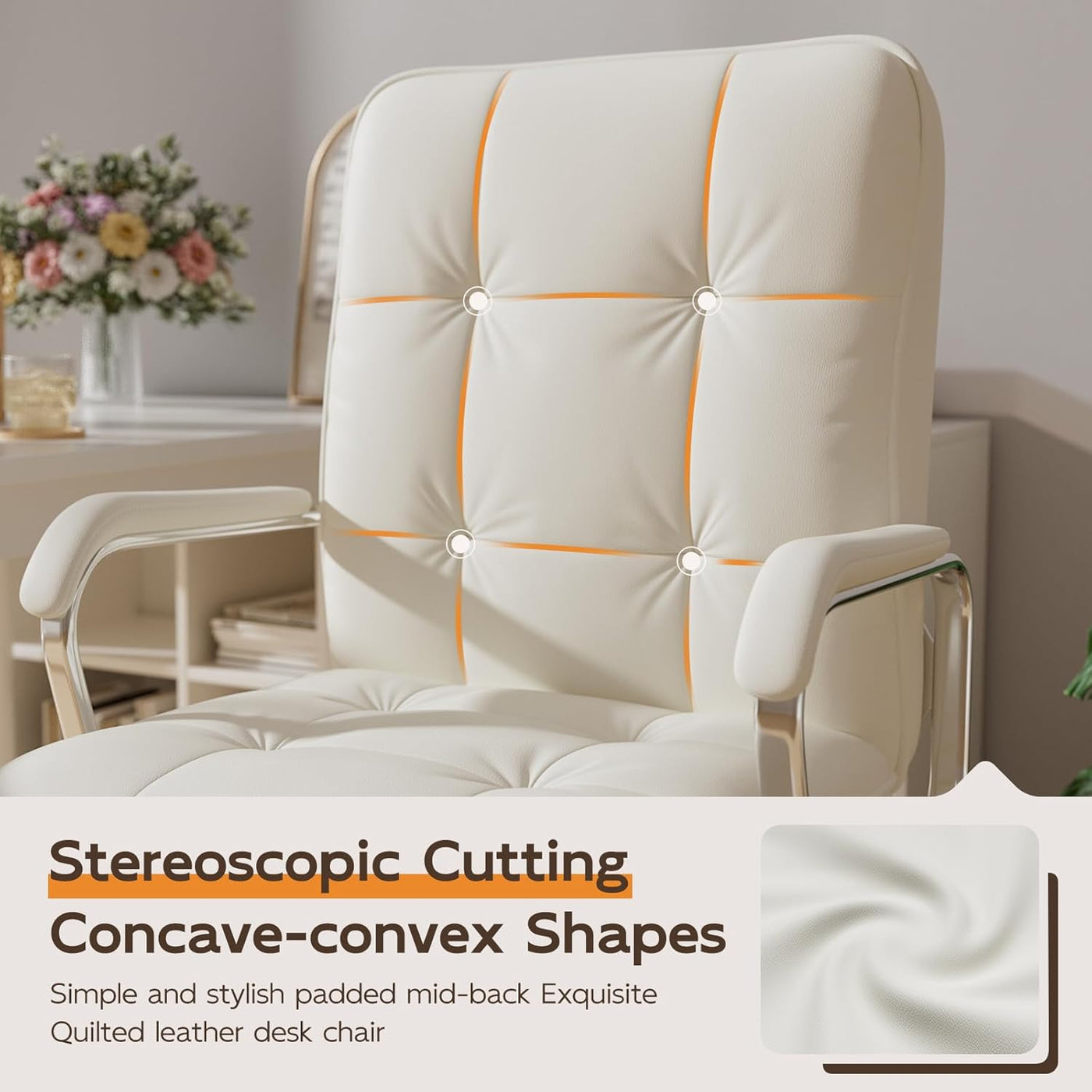 Leather computer desk chair with tufted white PU leather, orange piping, swivel ergonomic office chair.