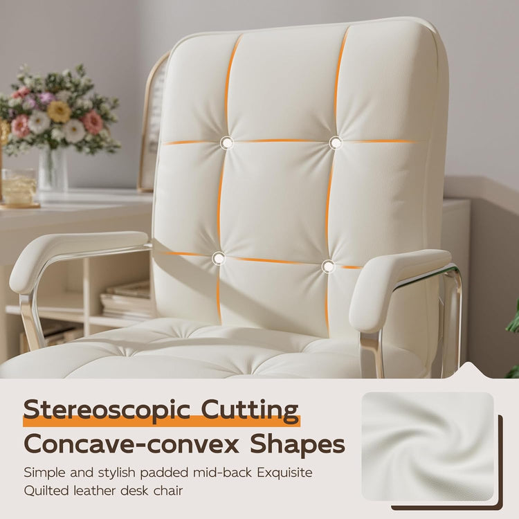 Leather computer desk chair with tufted white PU leather, orange piping, swivel ergonomic office chair.