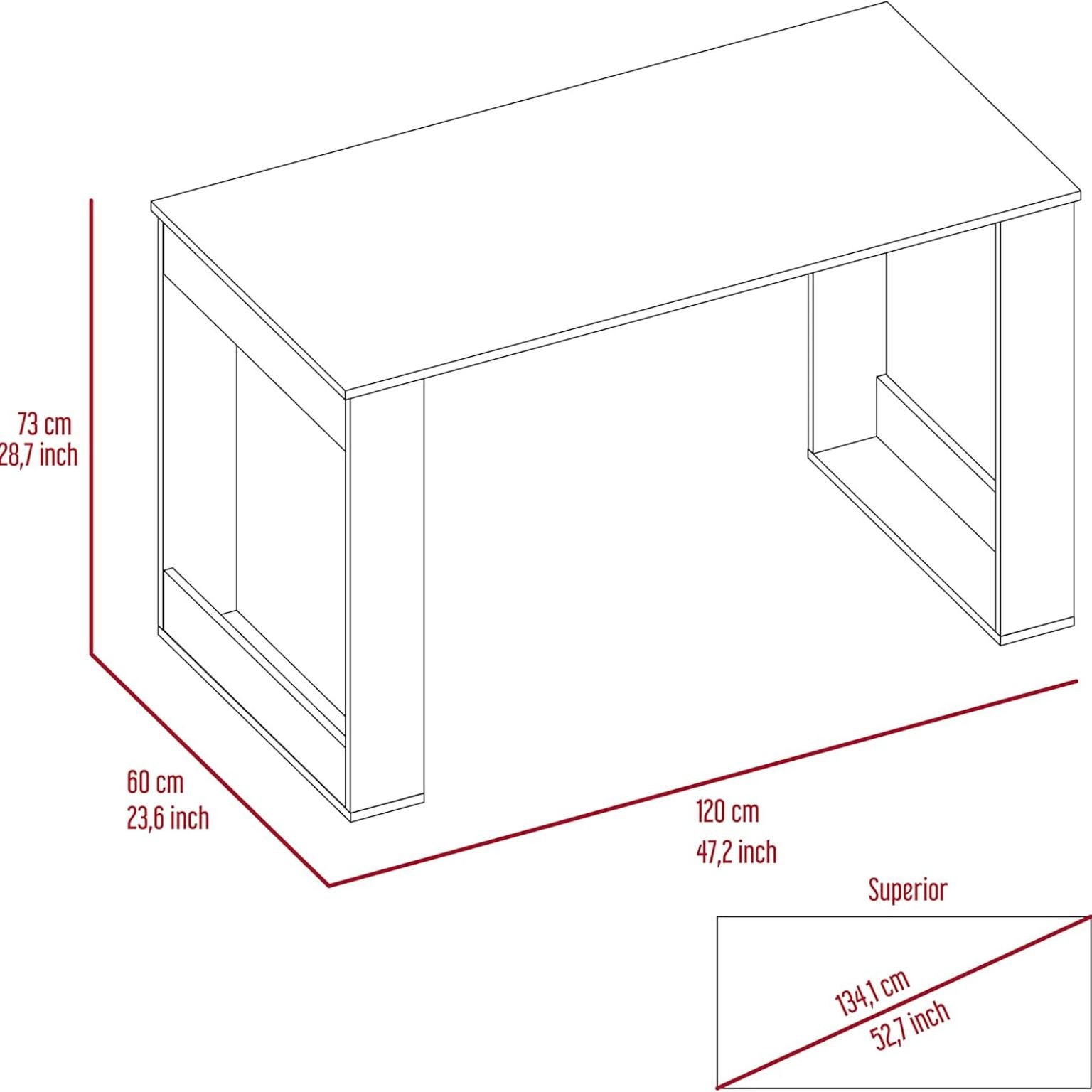 Line drawing of a desk with dimensions labeled in centimeters and inches.