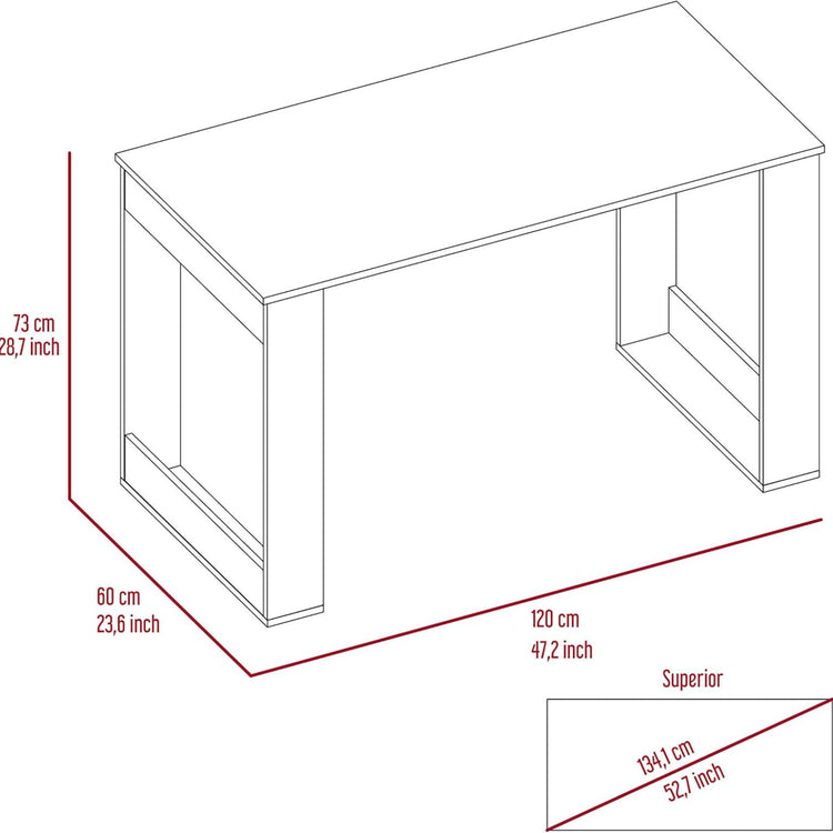 Line drawing of a desk with dimensions labeled in centimeters and inches.