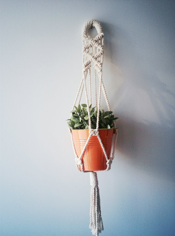 Macrame Plant Hanger Hanging Planter handmade 100% cotton cord with orange pot, green plant, boho charm.