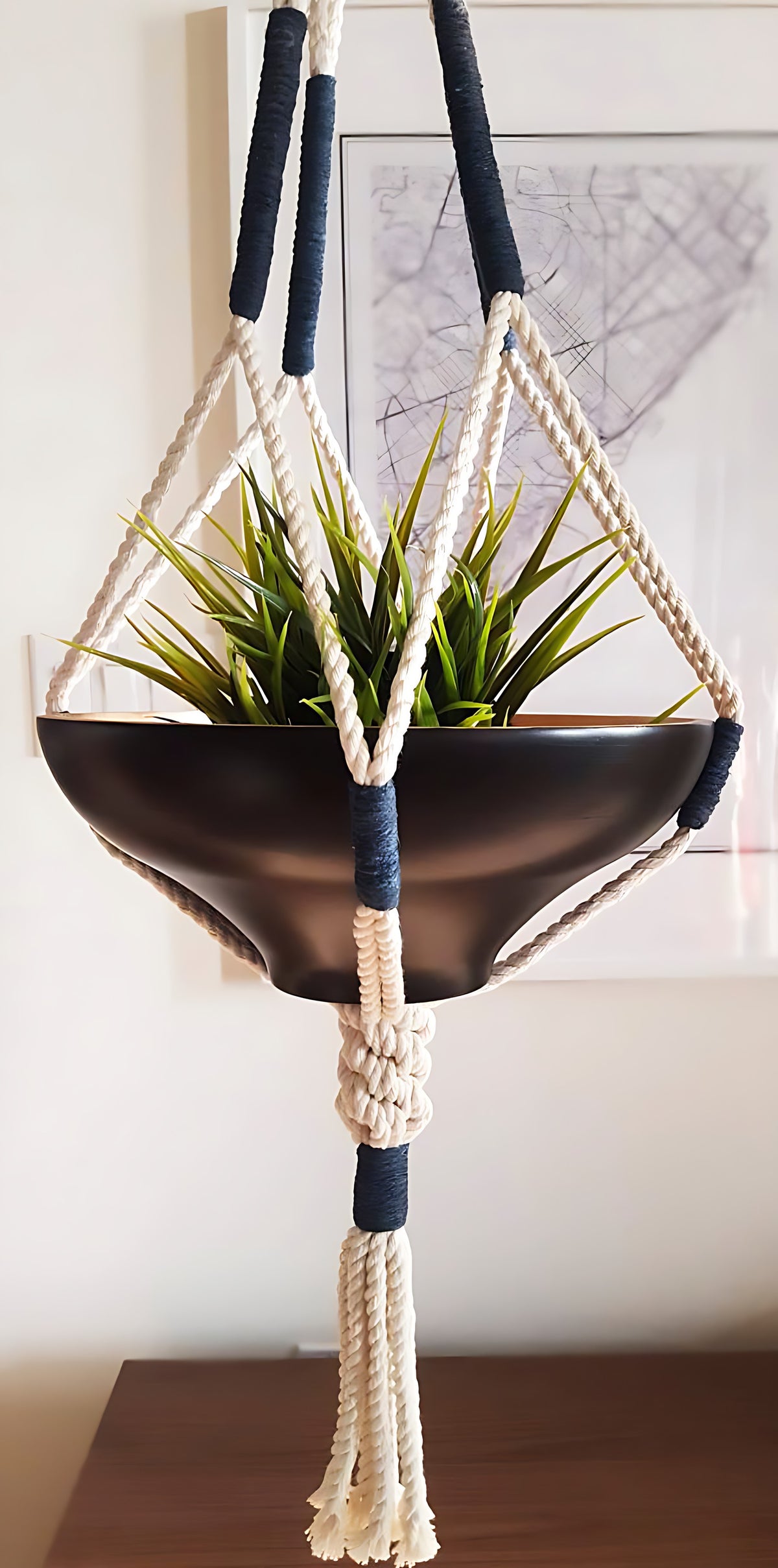 Macrame Plant Hanger Ontario Cotton Rope Handcrafted with navy wraps suspending a green plant in a black bowl