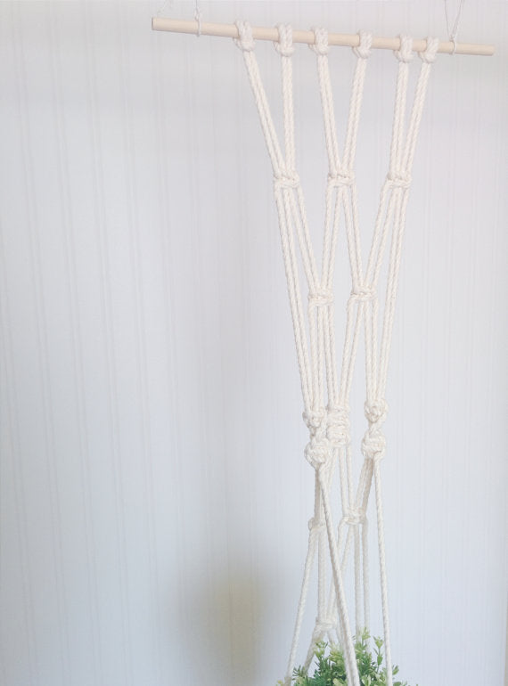 Macrame plant hanger on a wooden dowel with natural cotton cords holding a plant.