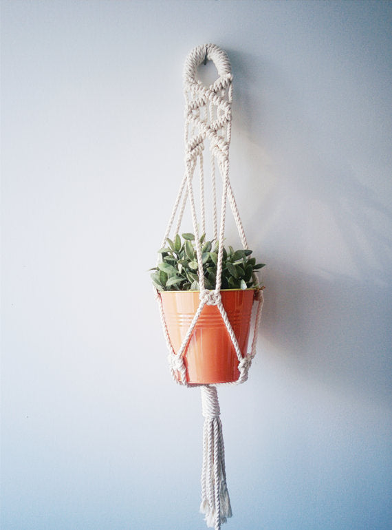 Macrame plant hanger with cotton cord holding an orange pot and green plant.