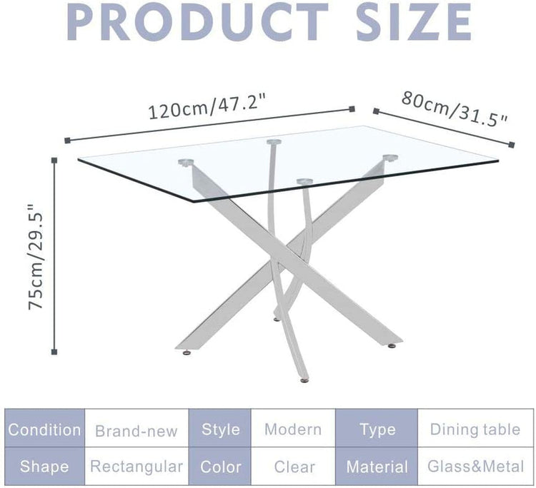 Measurement chart of a glass dining table with dimensions labeled.