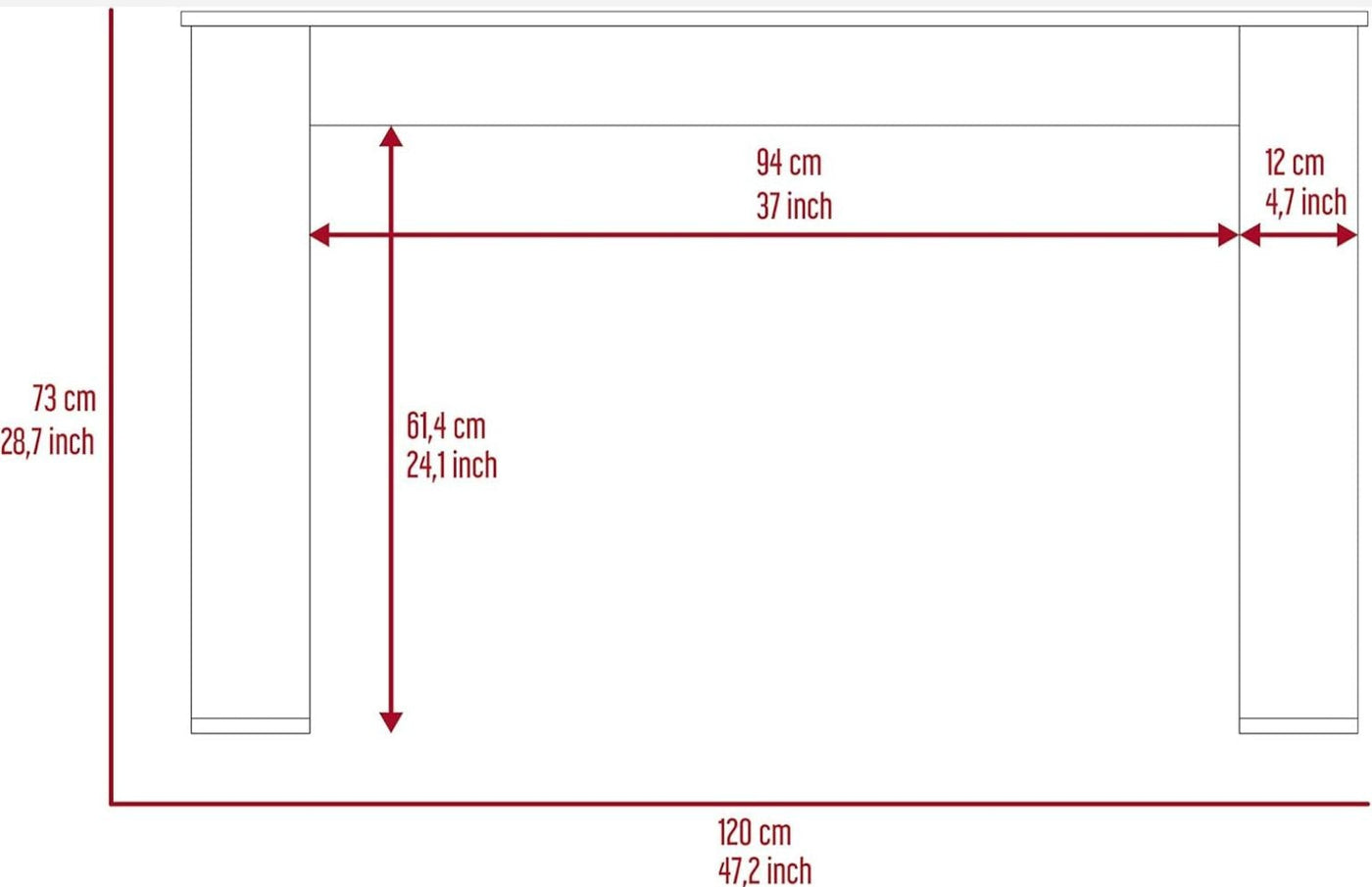 Measurement chart with dimensions in centimeters and inches on a white background