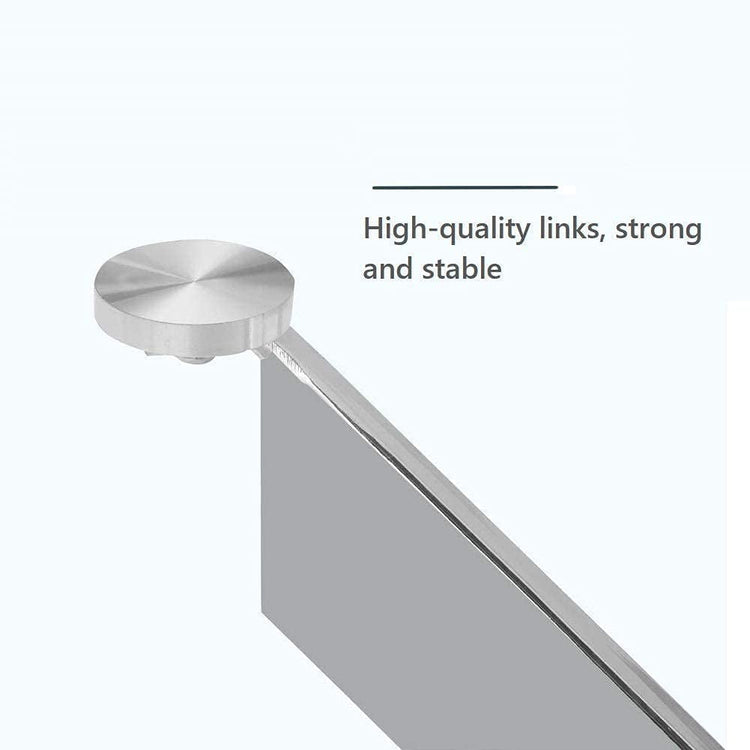 Metallic hook with text 'High-quality links, strong and stable' on a white background