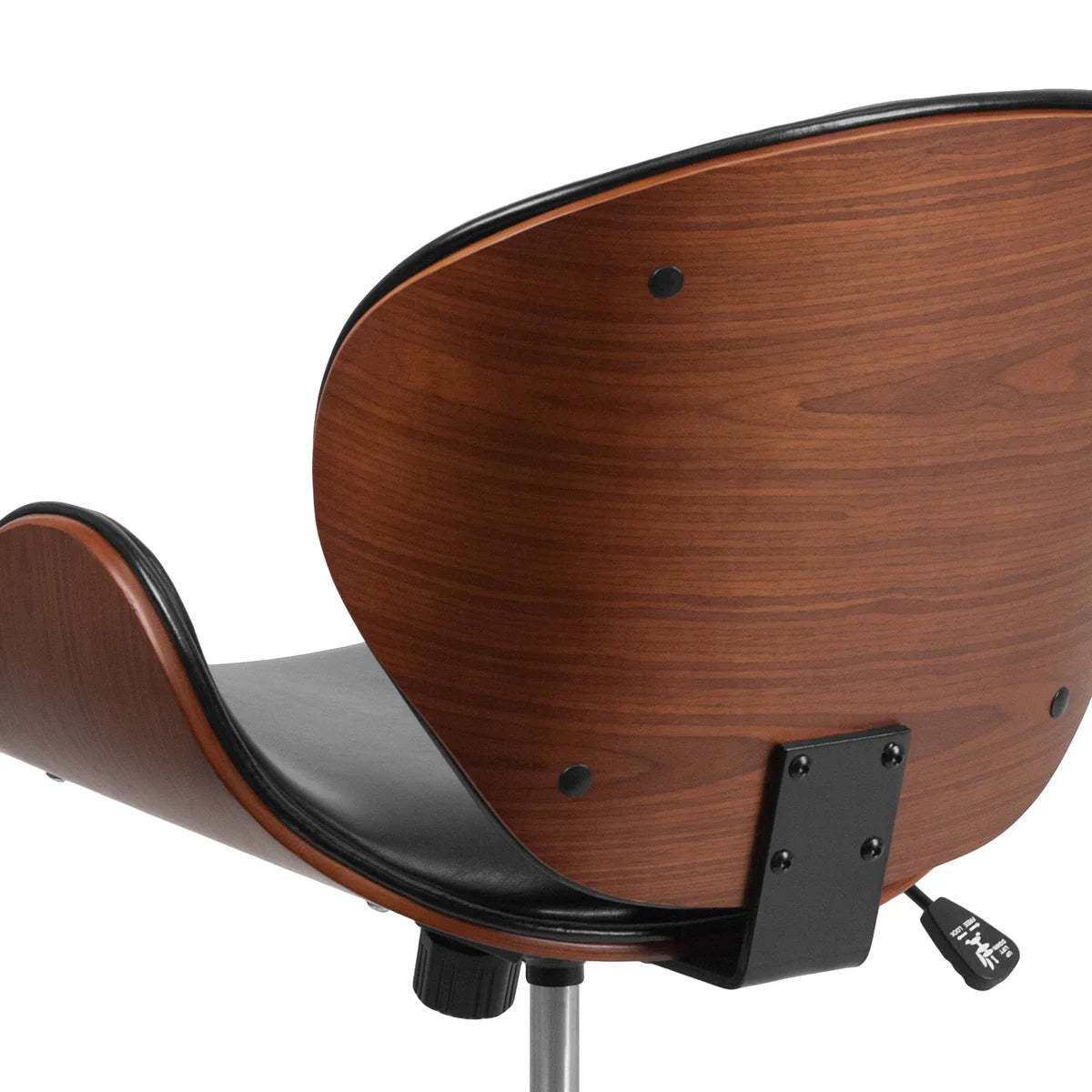 Mid-Back Walnut Office Chair with curved bentwood design and black leather trim.
