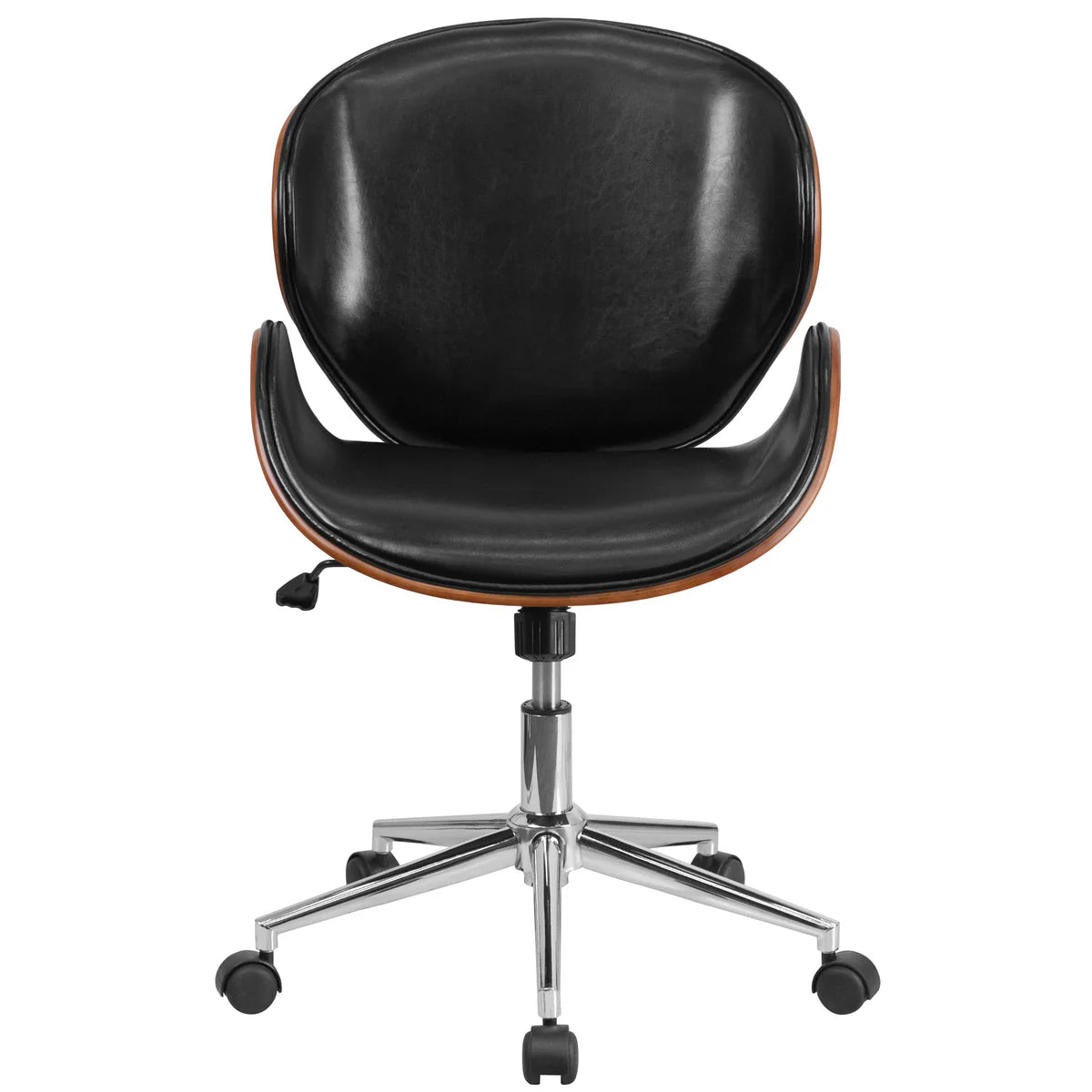 Mid-back walnut bentwood chair with black leather, curved design, and chrome five-star base.