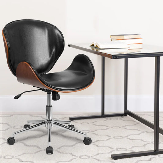 Mid-back walnut bentwood office chair with black leather and curved design beside a glass desk.