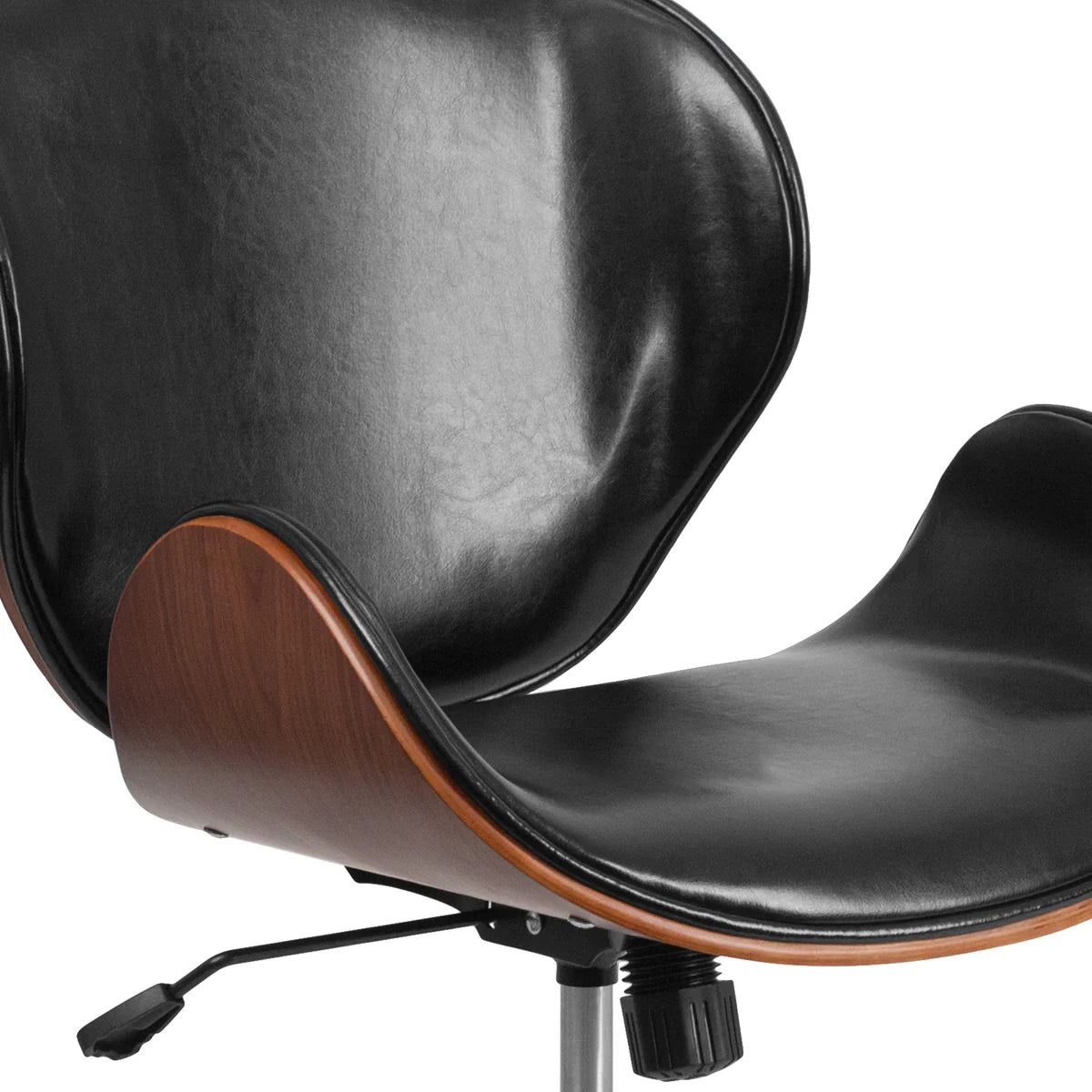 Mid-back walnut bentwood office chair with black leather seat and curved wooden arms.