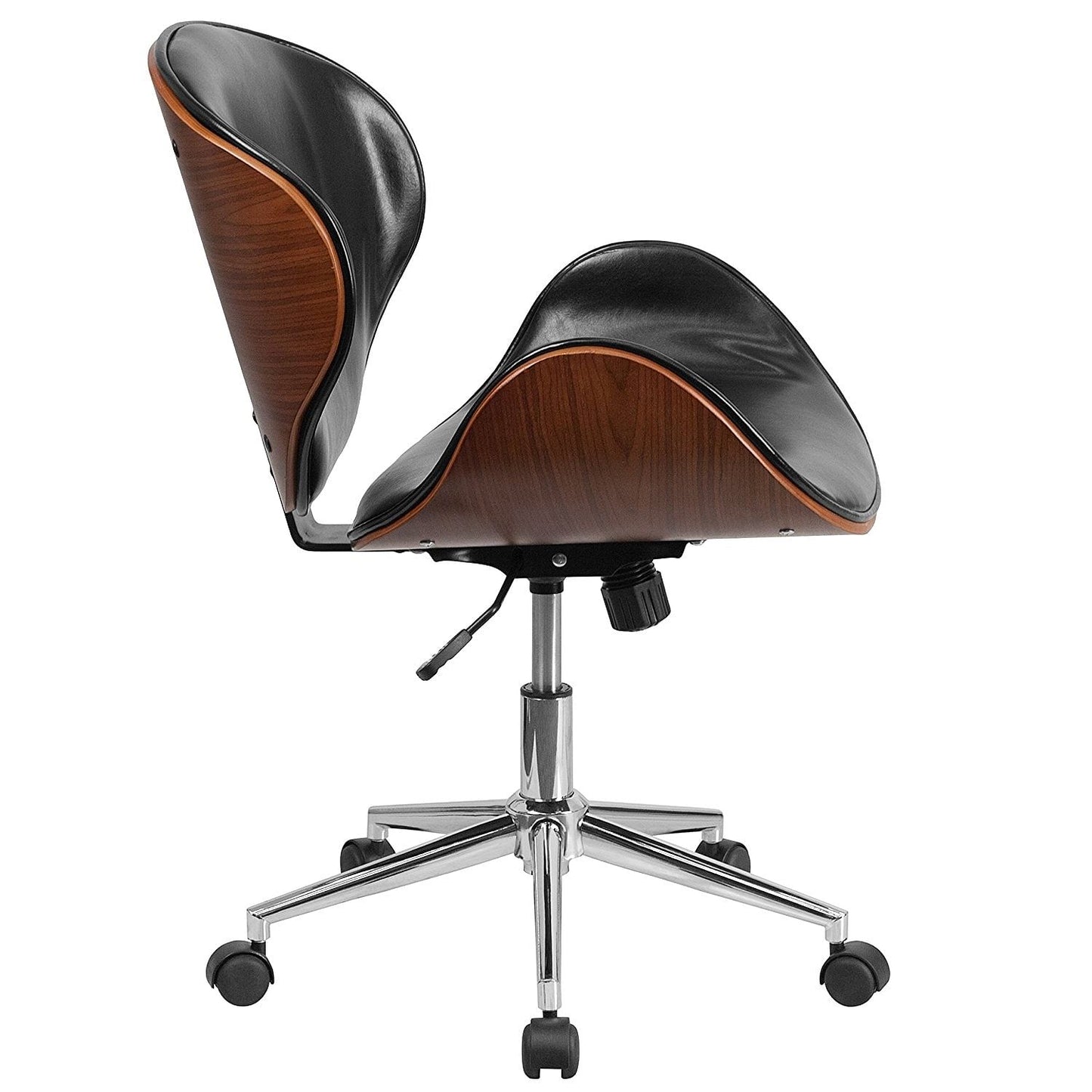 Mid-back walnut bentwood office chair with black leather upholstery and chrome base
