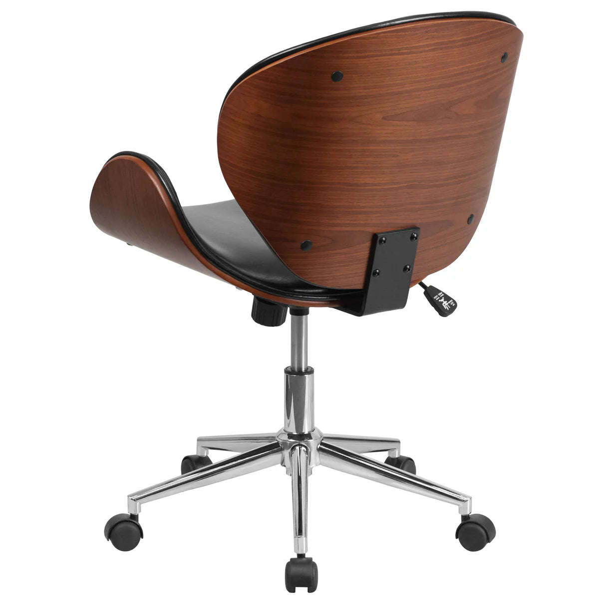 Mid-back walnut bentwood office chair with curved back, black leather seat, and chrome base.