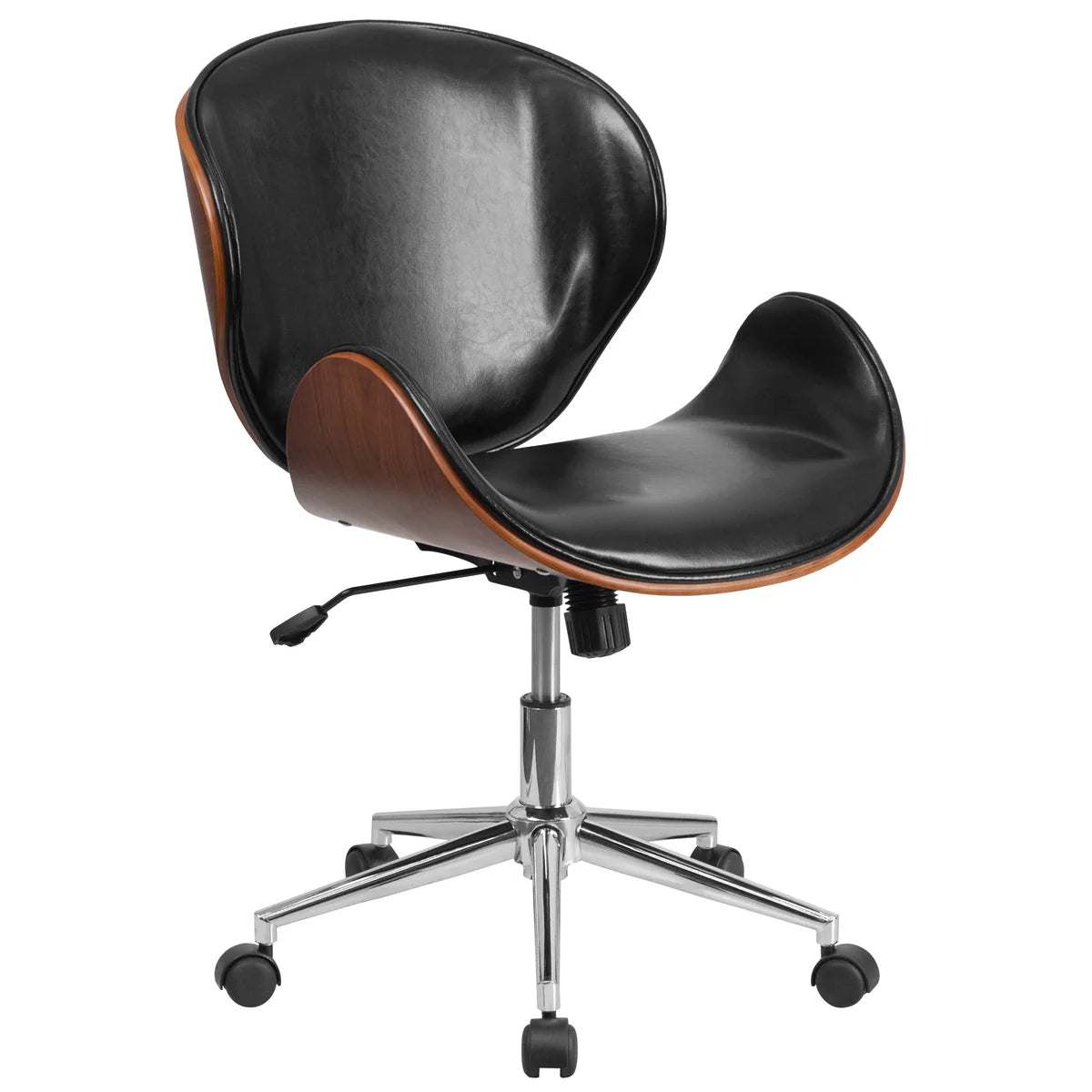 Mid-back walnut bentwood office chair with glossy black leather and chrome base.