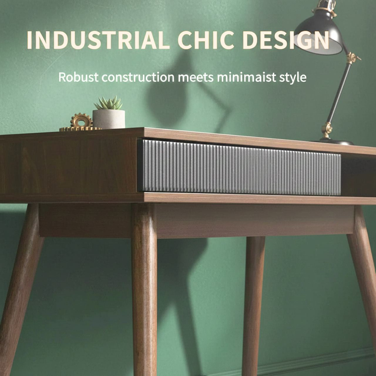 Mid-century walnut desk with a drawer featuring a ribbed front for a clean home-office look.