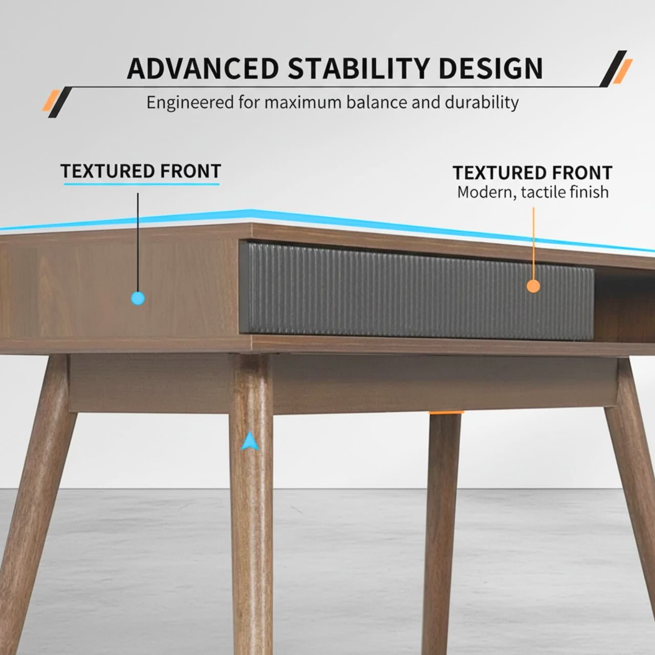 Mid-century walnut desk with a textured front drawer and warm finish, 42.5-inch workspace.