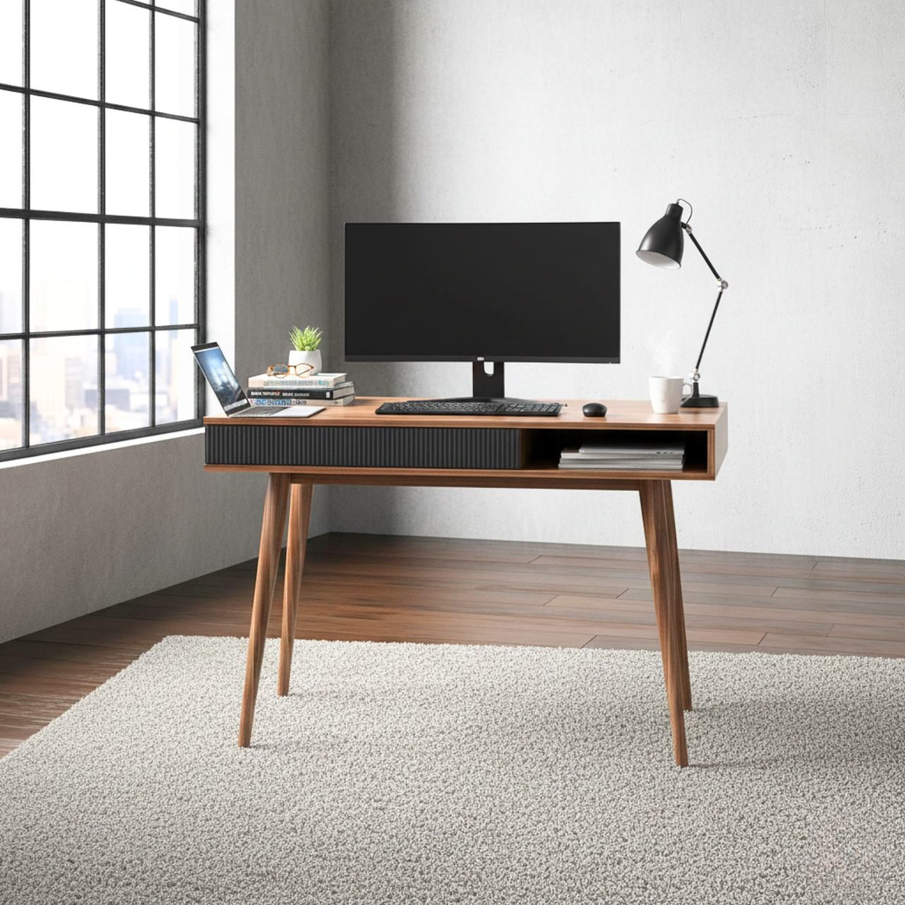 Mid Century Walnut Desk with Drawer, home office setup, 42.5-inch workspace with warm walnut finish.