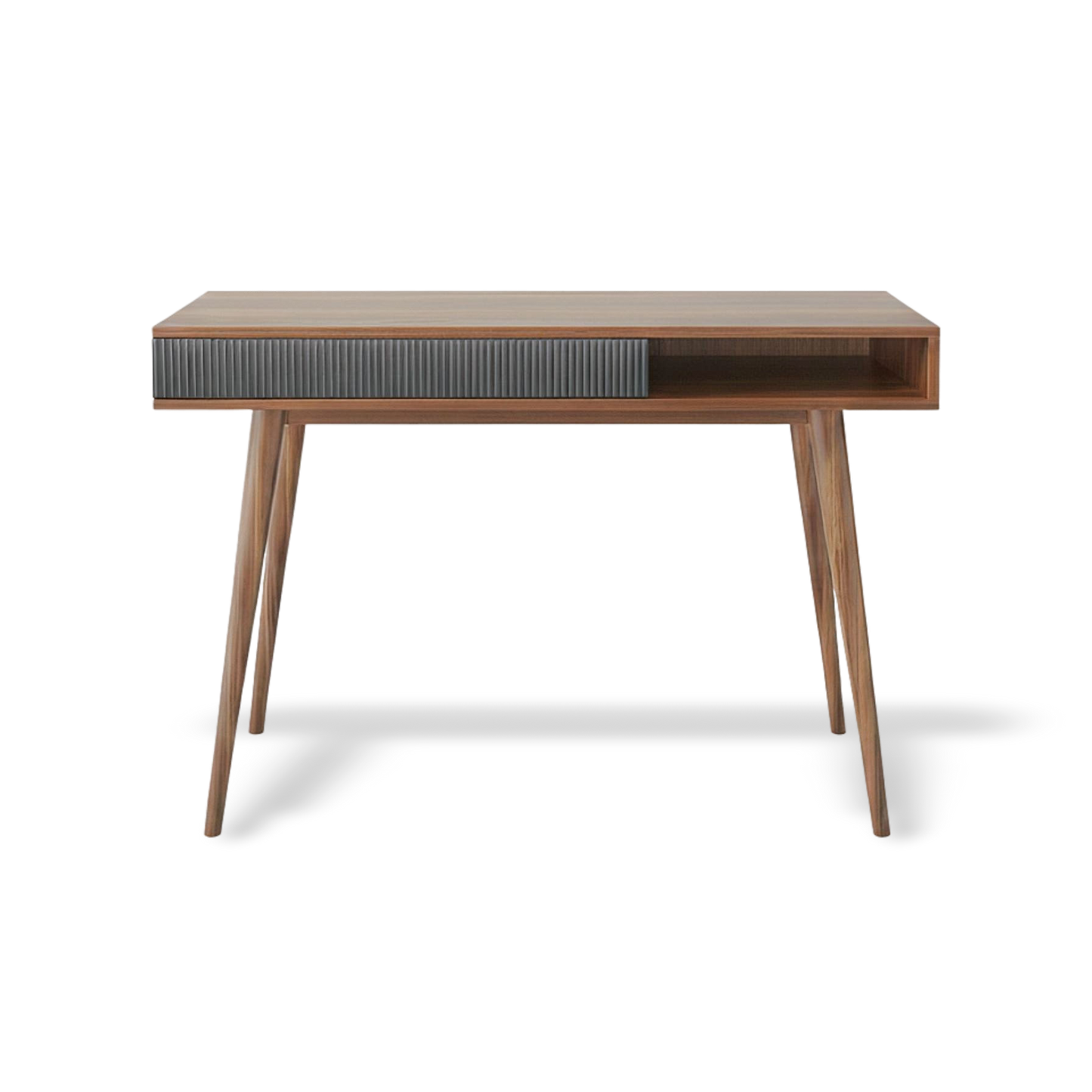 Mid Century Walnut Desk with Drawer in warm walnut finish, clean modern silhouette, 42.5-inch workspace.