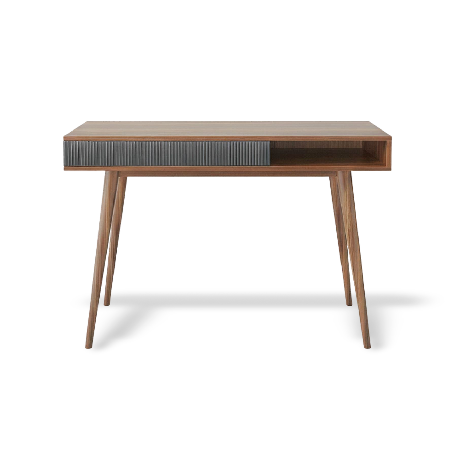 Mid Century Walnut Desk with Drawer in warm walnut finish, clean modern silhouette, 42.5-inch workspace.