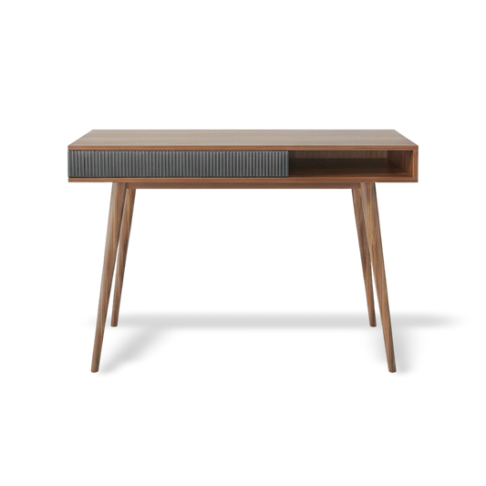 Mid Century Walnut Desk with Drawer in warm walnut finish, clean modern silhouette, 42.5-inch workspace.