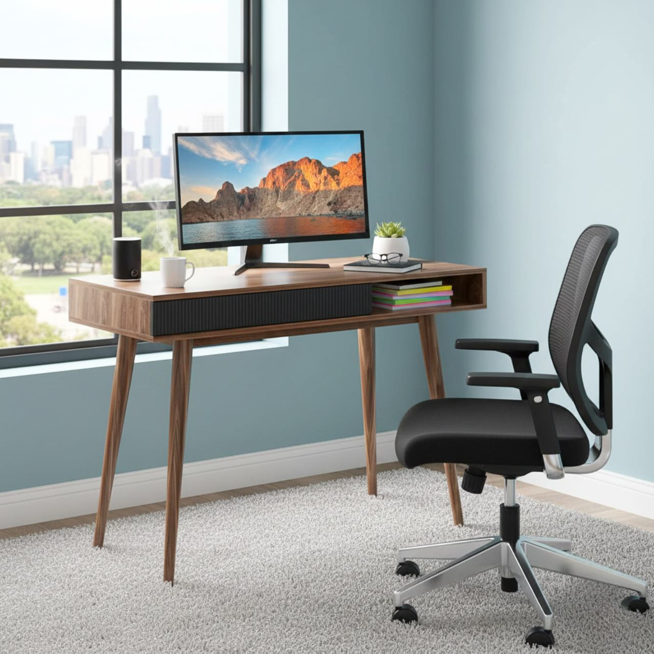 Mid Century Walnut Desk with Drawer, tapered legs, 42.5-inch workspace in a modern home office