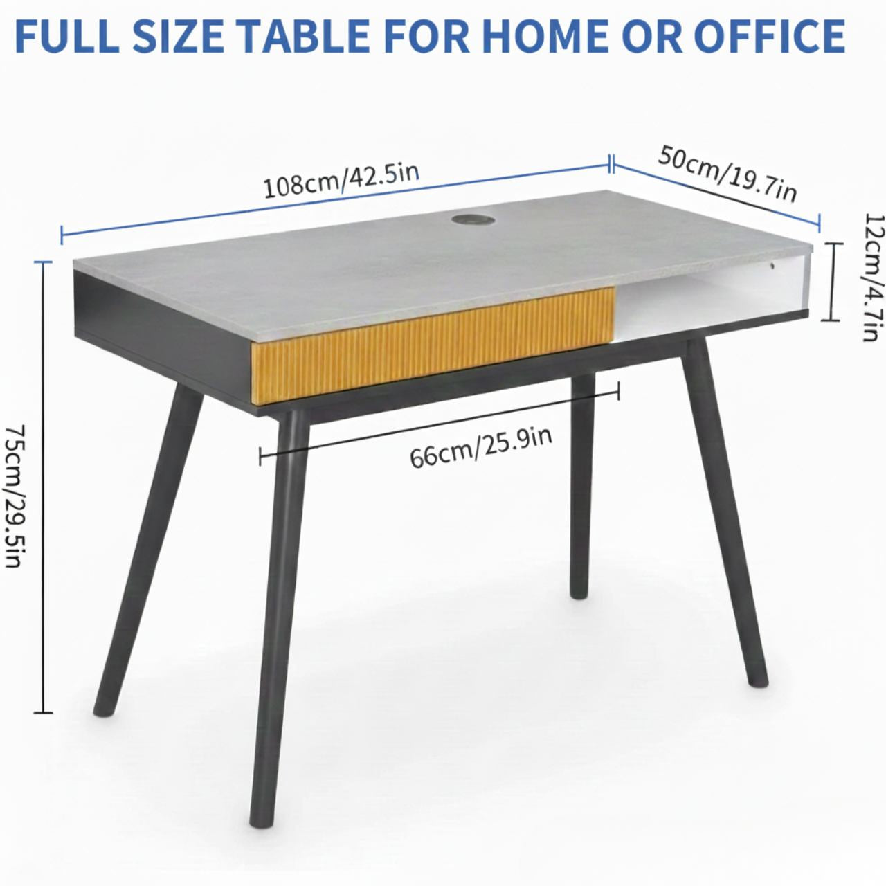 Mid Century Walnut Desk with ribbed drawer, 42.5-inch surface, black angled legs.