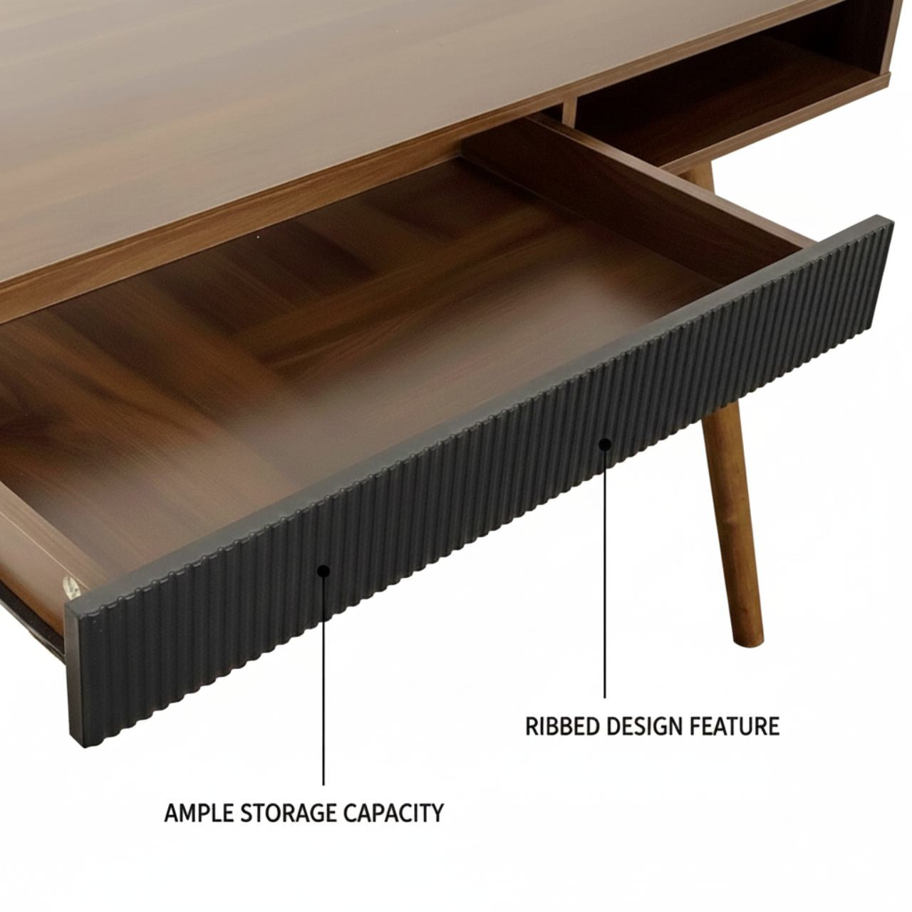Mid Century Walnut Desk with ribbed front drawer and ample storage in warm walnut finish.
