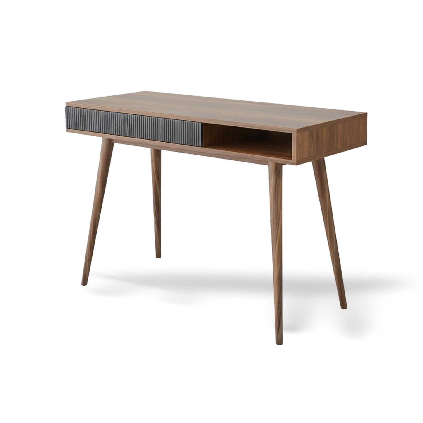 Mid Century Walnut Desk with tapered legs, open storage, and ribbed front drawer.