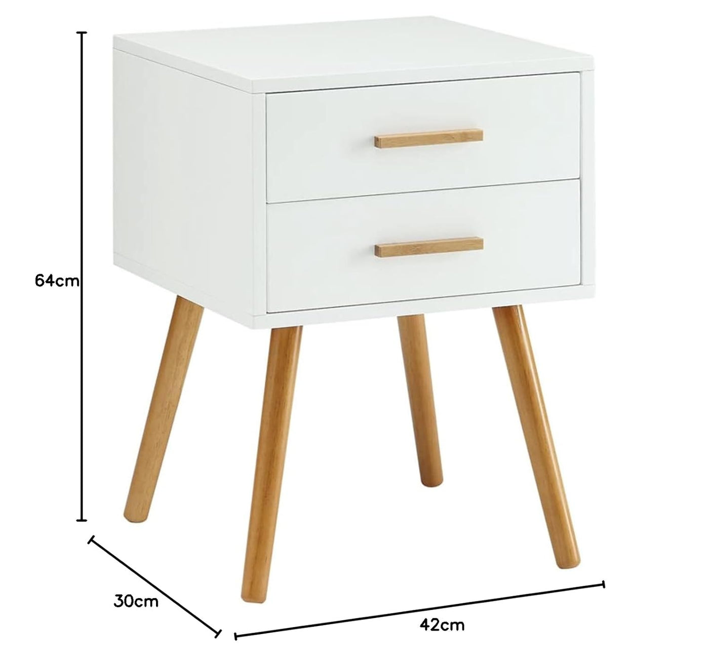 Modern white piano-finish 2-drawer end table with angled wood legs.