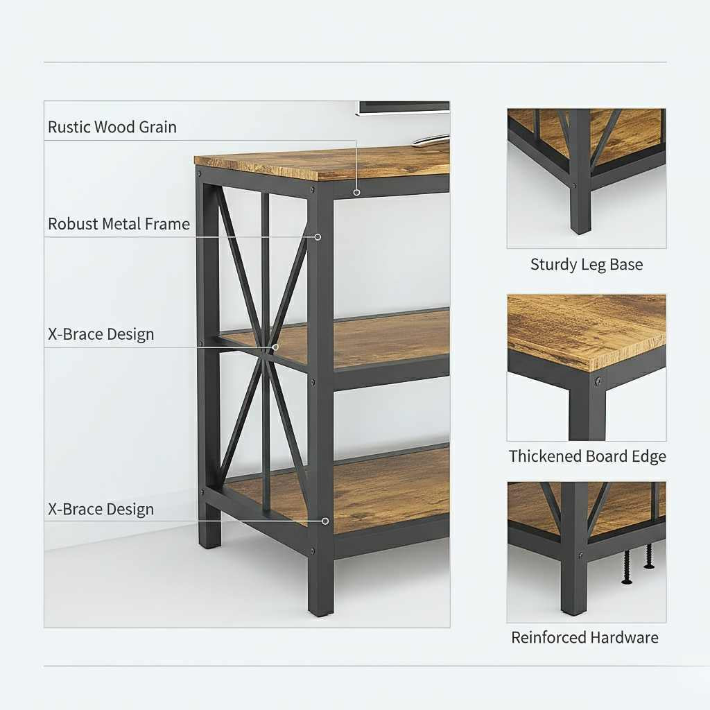 Modern Black Metal TV Stand with Barn Wood Finish Shelves, open back for cable routing, supports up to 70-inch TV.